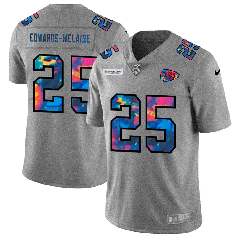 NFL Kansas City Chiefs #25 Clyde EdwardsHelaire Men Nike MultiColor 2020  Crucial Catch  Jersey Grey